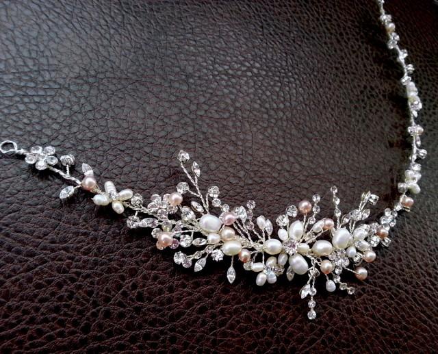 Bridal Hair Vine With Rhinestones Freshwater Pearl Flowers And