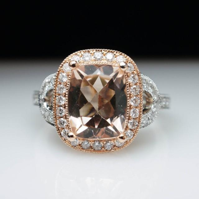 Cushion Cut Morganite And Diamond Halo Engagement Ring In 14k Rose Gold