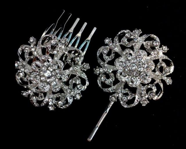 Crystal Bridal Hair Comb, Flower Hair Jewelry, Rhînestone Bobby Pin, Floral Headpiece, LUX