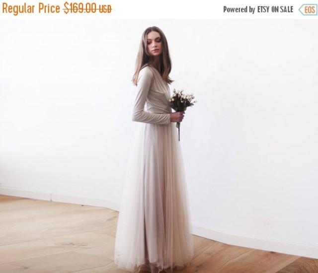 Champagne Maxi Tulle Gown With Long Sleeves , Bridesmaids Maxi