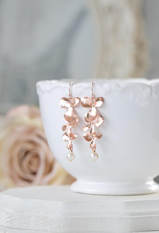Rose Gold Earrings Pink Gold Cascading Orchid Flower Swarovski Cream