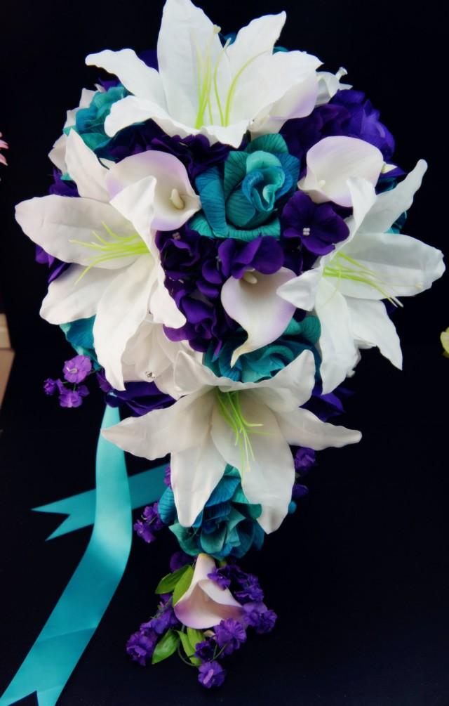 Cascade Bridal Bouquetsilk Flowers.purple,white,shades Of Aqua,teal,jade Roses 2421242 Weddbook
