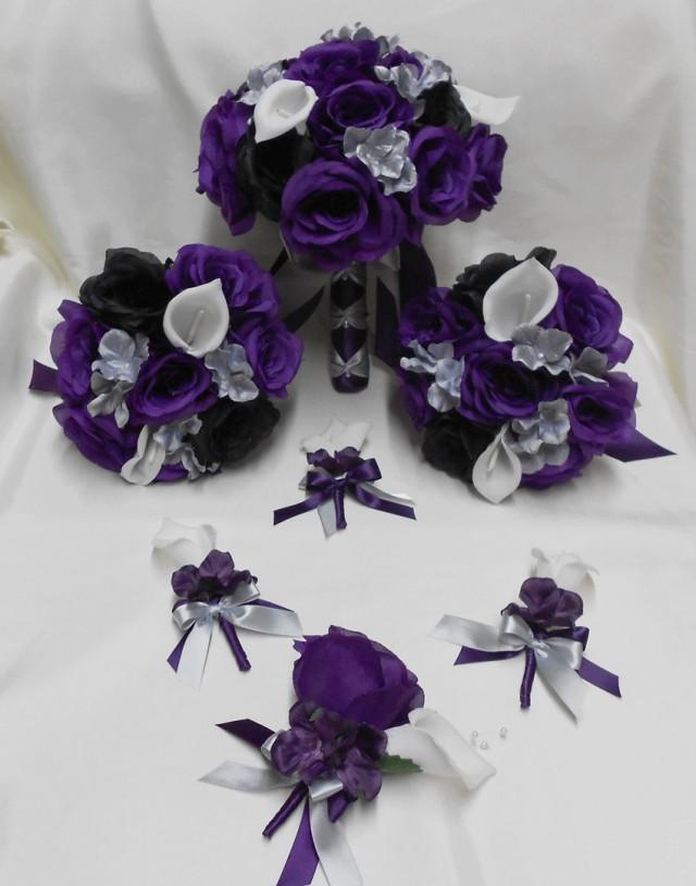 Wedding Silk Flower Bridal Bouquets Package Calla Lily Black