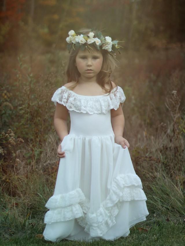 Rustic Lace Flower Girl Dress, Long Ivory Lace Dress, Lace Girls Frock, Country Flower Girl