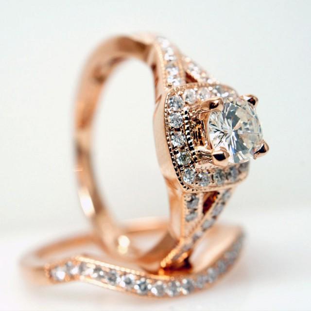 Diamond Halo Rose Gold Engagement Ring & Wedding Band Complete Bridal