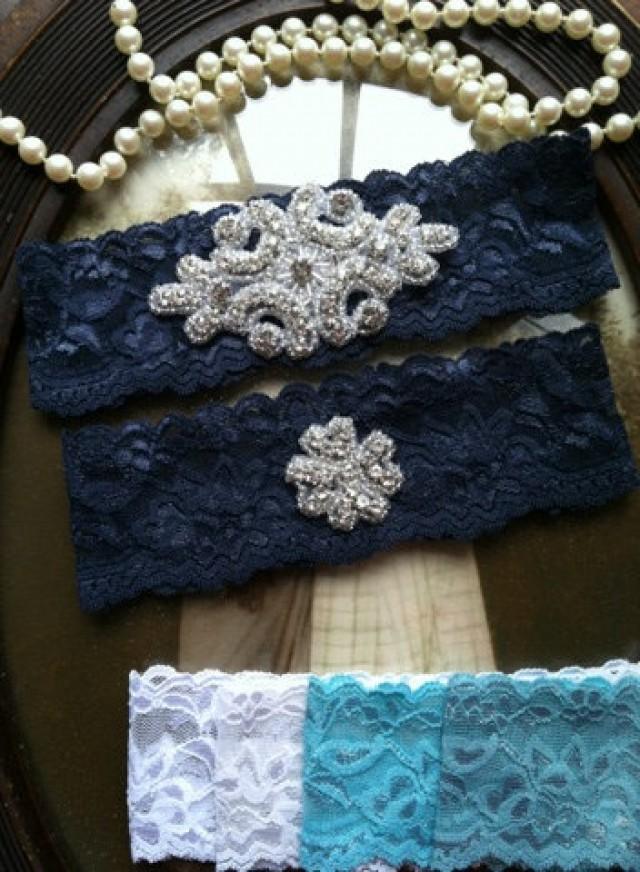 SALEWedding Garter Navy Lace Garter Set Rhinestone Garter