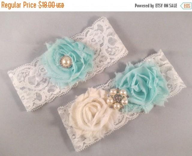 THANKSGIVING SALE Mint Blue Lace Garter Set, Lace Wedding Garter, Lace