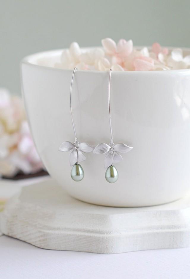 Silver Orchid Flower Sage Green Teardrop Pearls Long Dangle Earrings