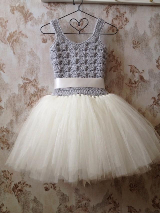 Silver And Ivory Flower Girl Tutu Dress, Flower Girl Tutu Dress