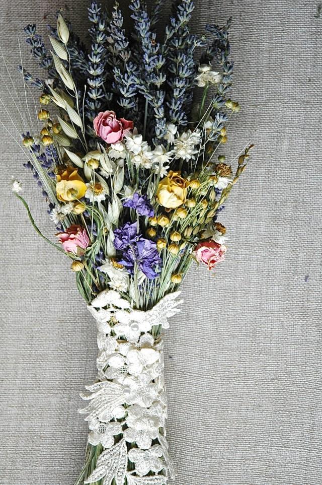 Pastels And Lace Spring Meadow Brides Bouquet In Pastel Blue, Yellow