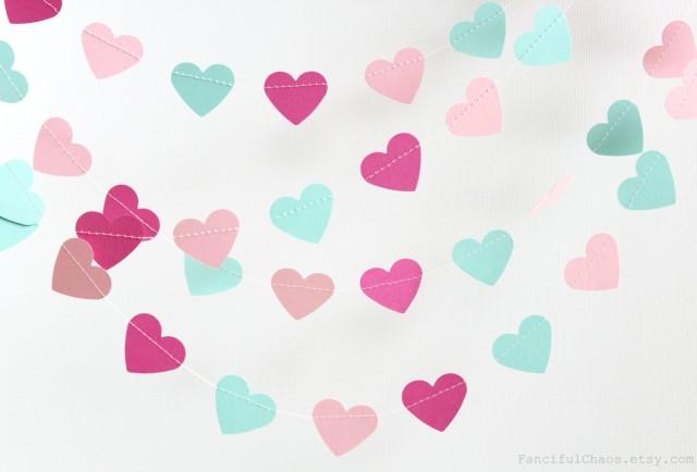 Mint Green Pink Dark Fushia 10 Ft Heart Paper Garland Wedding