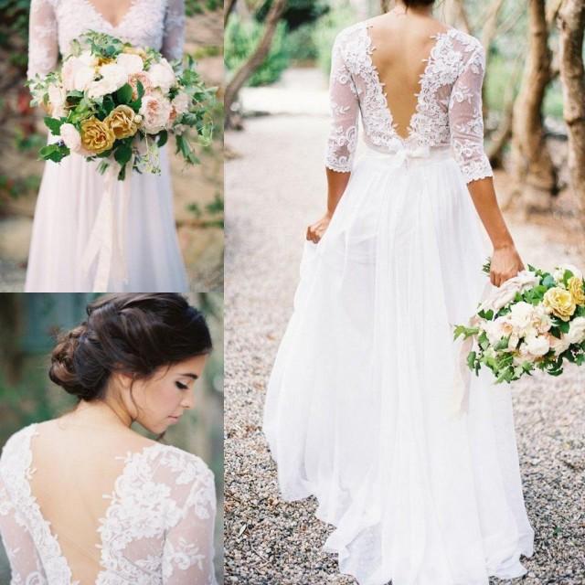2016 Lace Chiffon Bridal Dresses Boho Lace Dress Vneck 3/4 Long