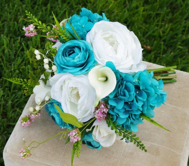 Wedding Teal Turquoise Natural Touch Roses Silk Flower Bride Bouquet