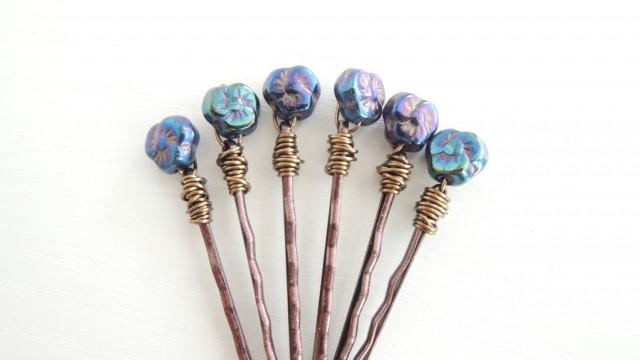 Woodland Violets Hair Pins Purple Blue Glass Flowers Wildflower