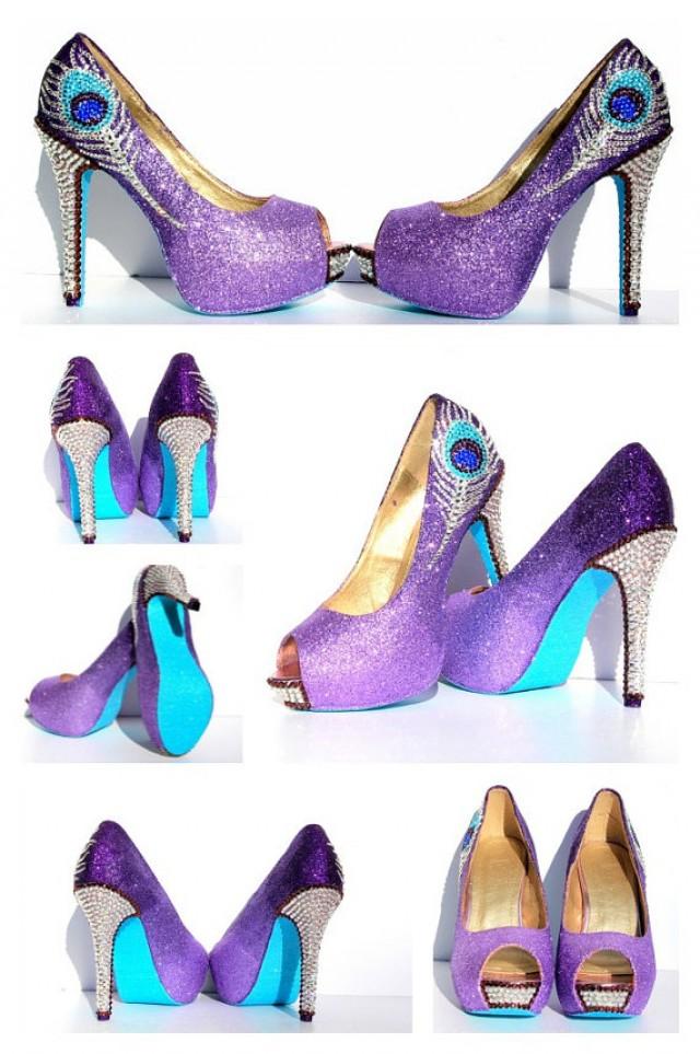 Peacock Heels With Swarovski Crystal Feather In Purple Glitter With Aqua Soles 2427011 Weddbook
