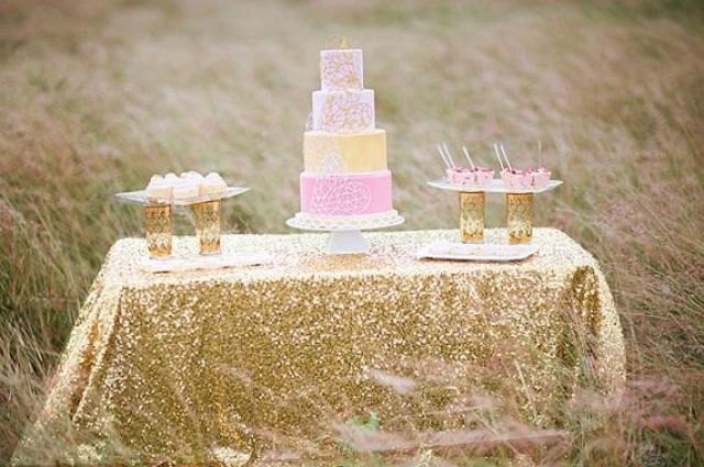 Sale 90x132 Gold Champagne Sequin Table Cloth 6 Foot Table