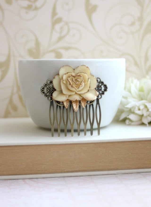 Ivory Antiqued Gold, Shabby Chic, Vintage Style Ivory Rose Flower Hair
