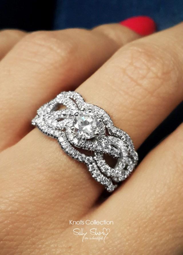 Infinity Engagement Ring With 2 Wedding Bands, Semi Mount Ring, 0.95 CT