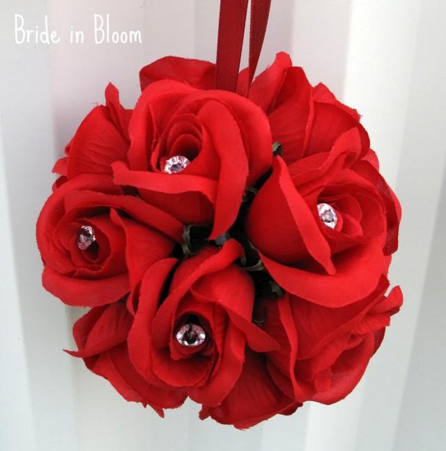 Wedding Flower Balls Flower Girl Pomander Red Rose Kissing Ball
