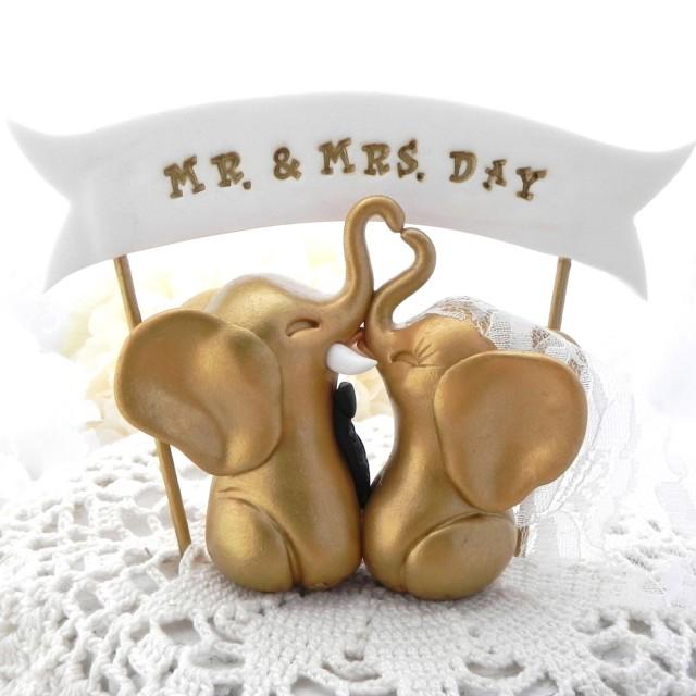 Elephant Wedding Cake Topper, Gold And Black, Custom Phrase Banner