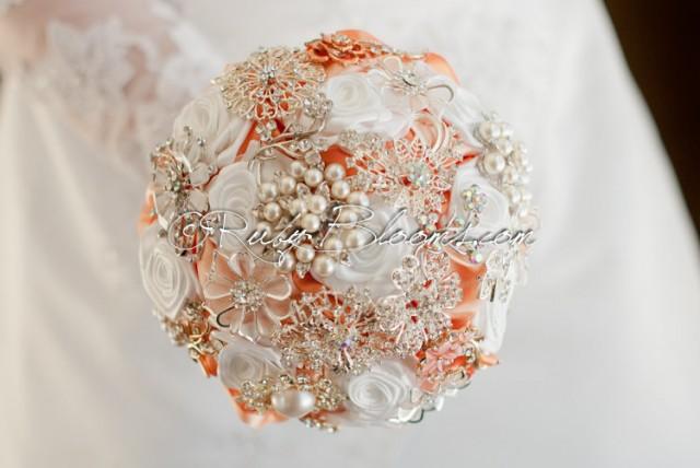 Coral Wedding Brooch Bouquet. "Pearl In Peach" Heirloom  