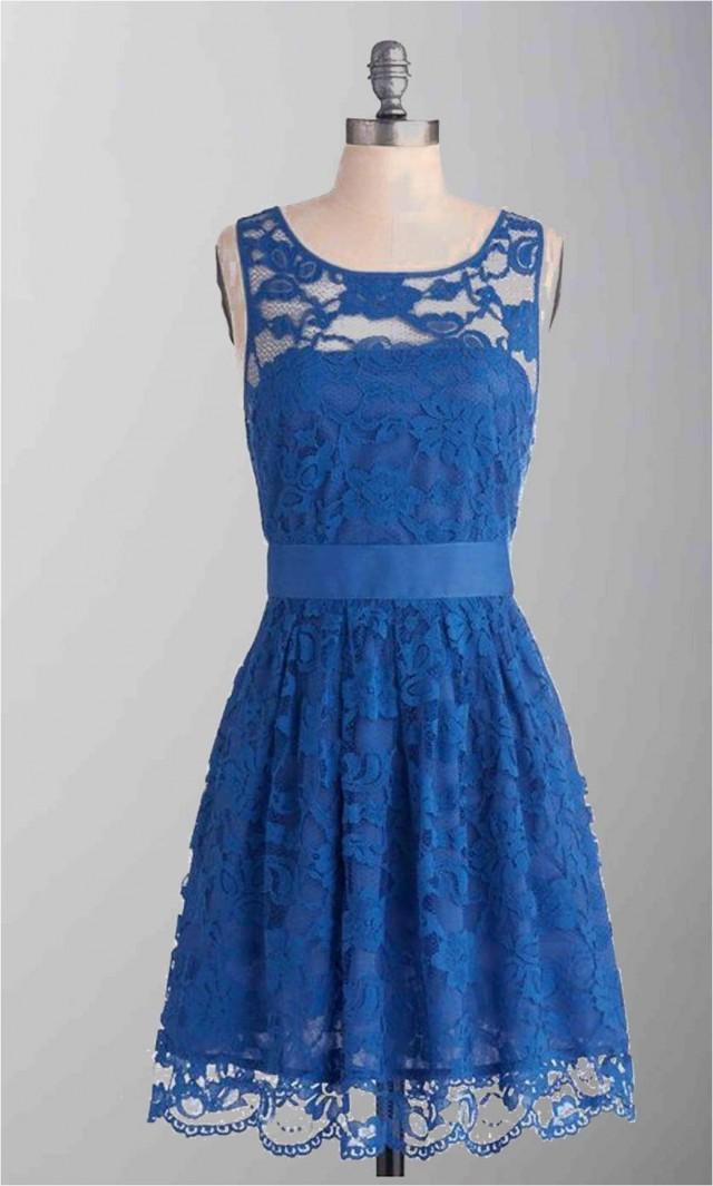 Blue Lace Short Bridesmaid Dress With Sash KSP287 [KSP287] £89.00