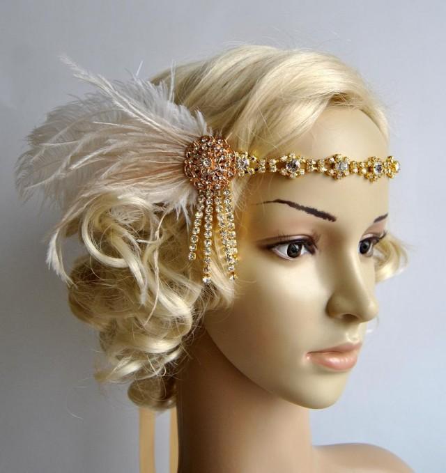 Gold Rhinestone Headband Headpiece With Feathers,Great ...