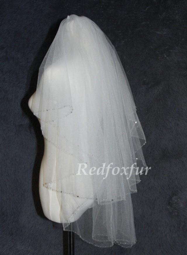 2 Layer Bridal Veil, Simple Sewing Beads Light Ivory Veil, Wedding