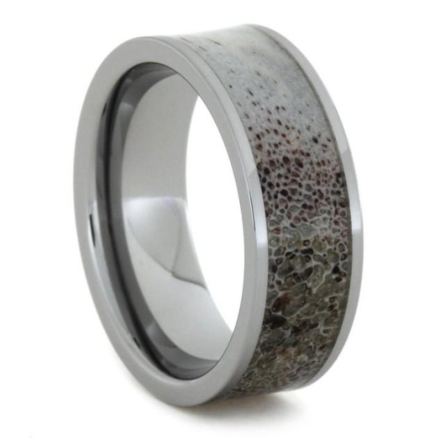 Mens Wedding Band With Deer Antler Ring, Tungsten Wedding Band 2429946