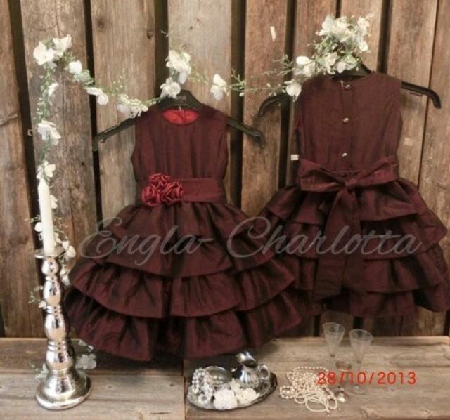 Burgundy Flower Girl Dress. Rustic Christmas Wedding. Ruffle Flower