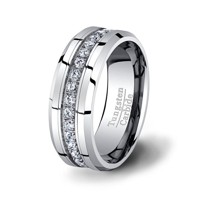 Mens Wedding Band High End Tungsten Ring Stacked CZ Diamonds 8mm