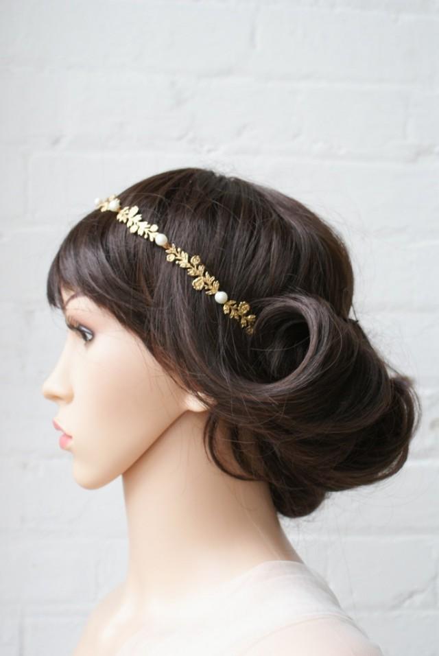 Gold Wedding Headpiece With Pearls And Leaves Gold Circlet, Wreath