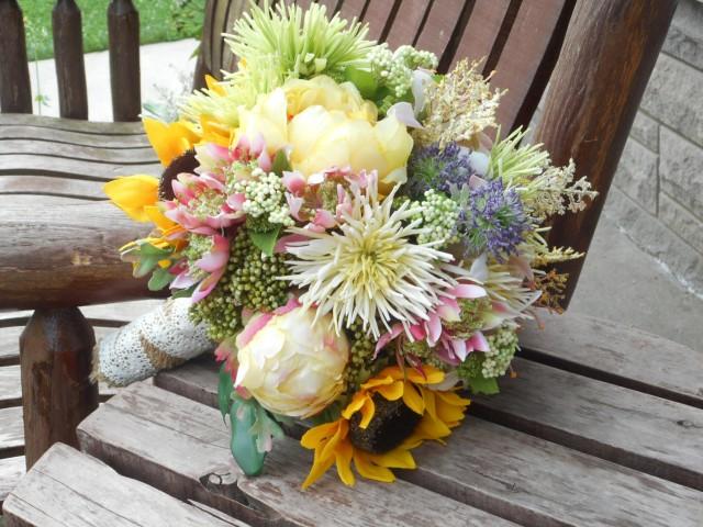 Sunflower Peonies And Wild Flowers Rustic Wedding Bouquet Silk