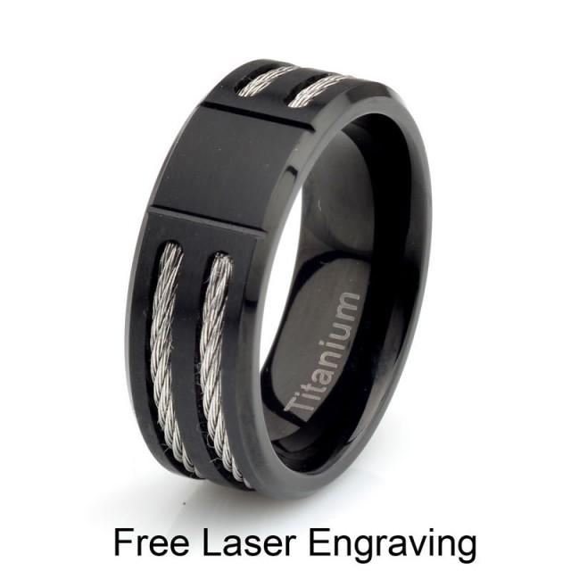 Mens Black Titanium Wedding Band, Matte Finish, Stainless Steel Rope