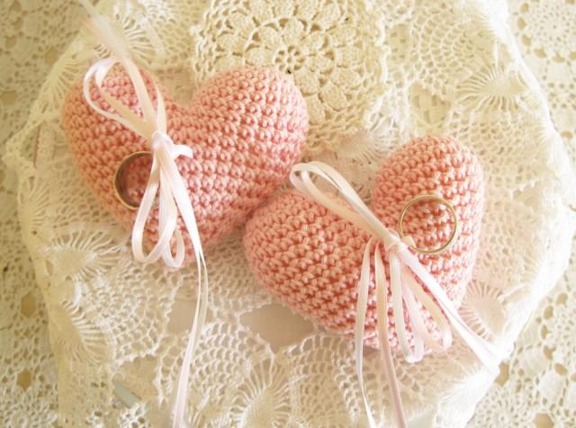 Pink Wedding Ring Pillow Heart Ring Bearer Crochet Ring Pillow