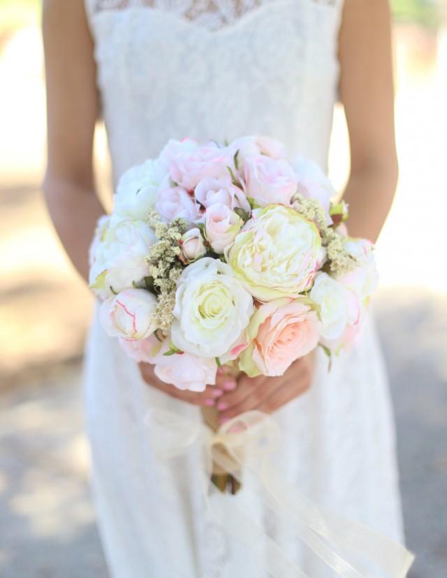 Silk Bride Bouquet White Cream Pale Pink Roses Peonies Wildflowers Natural Bouquet Shabby Chic 8775