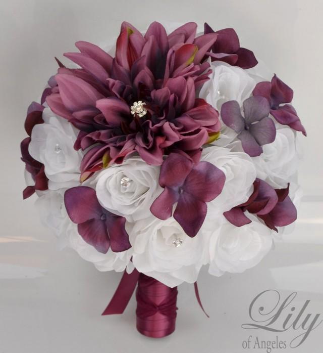 17 Piece Package Wedding Bouquet Bride Silk Flowers Bridal Party Bouquets Decoration Marsala 8583