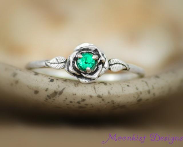 Delicate Emerald Rose Engagement Ring In Sterling Silver Diamond