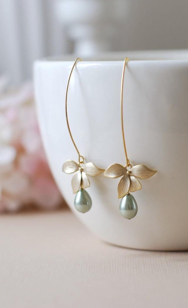 Gold Flower Olivine Sage Green Pearls Earrings. Sage Green Teardrop