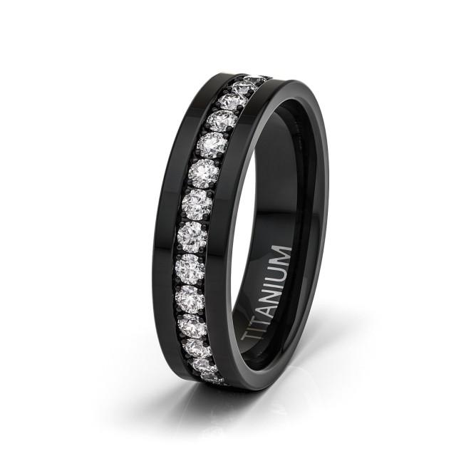Mens Wedding Band 6mm Black Titanium Ring Fully Stacked CZ Diamonds