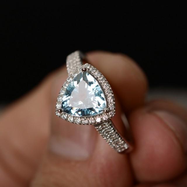 Natural Aquamarine Ring Silver Luxury Ring March Birthstone Engagement Ring Promise Ring Fine