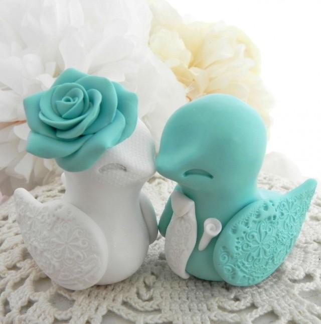 Love Bird Wedding Cake Topper, Robins Egg Blue And White, Bride And