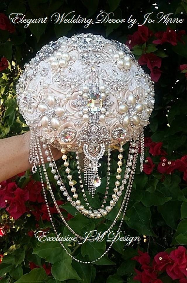 Custom Brooch Bouquet Custom Jeweled Brides Wedding Bouquet Deposit Only Champagne Ivory 