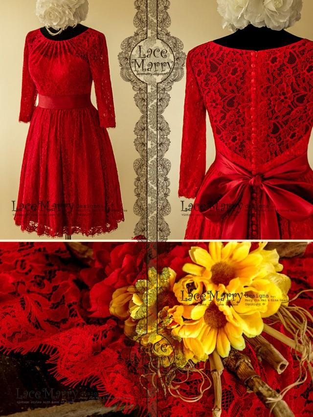 Excellent Knee Length Red Lace Wedding Dress With Folded Neckline And