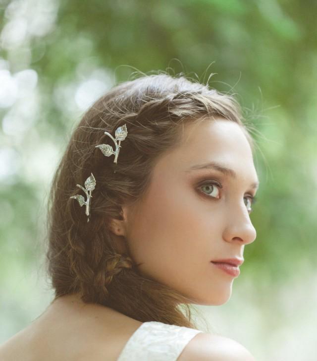 Silver Leaf Branch Bobby Pins Leaf Hair Pins Leaf Hair Clips Bridal