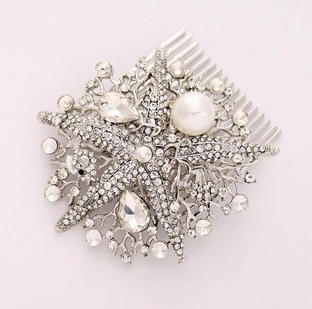 Crystal Pearl Starfish Hair Comb Beach Wedding Bridal Hairpiece Silver