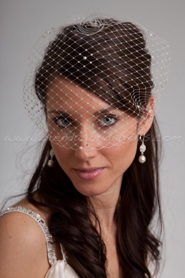 Bandeau Birdcage Veil, Rhinestone And Pearl Accent, Diamond Pattern