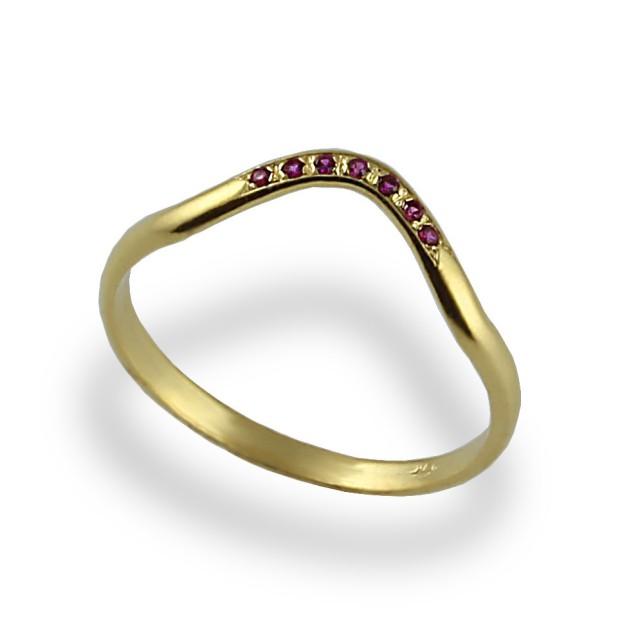 Contoured Wedding Ring , Ruby Wedding Band , Yellow Gold , Thin Wedding