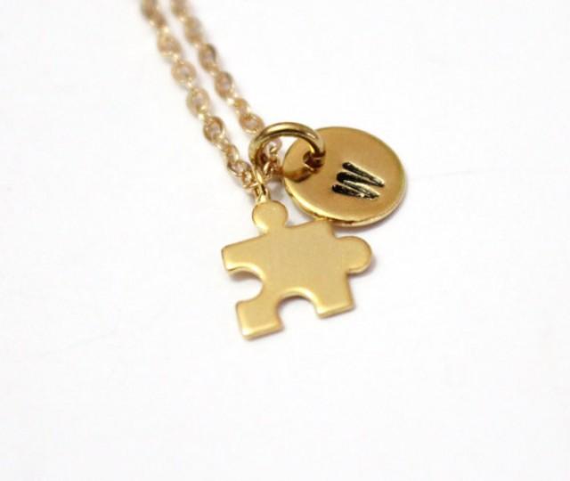 Puzzle Piece Necklace, Gold Jigsaw Puzzle Piece Charm, Initial Necklace