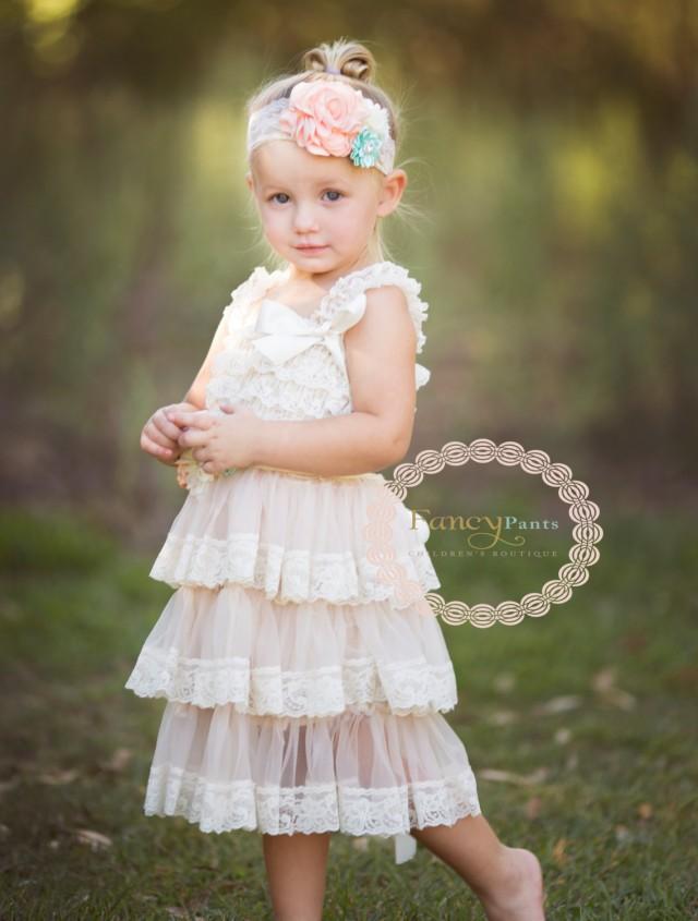 Rustic Flower Girl Dress, Ivory Dress, Country Flower Girl Dress